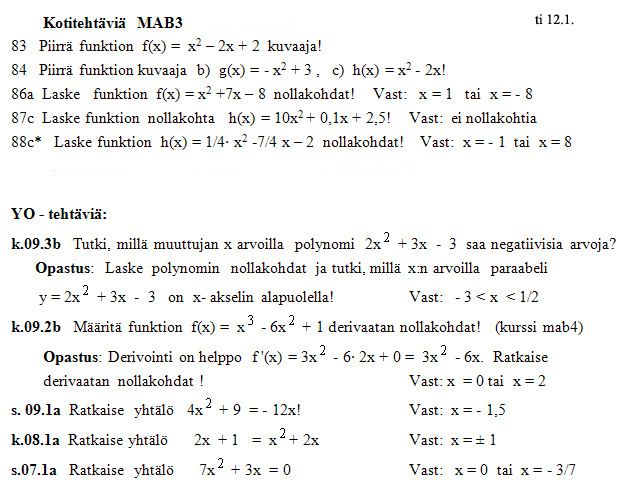 Kotiteht�v�t 5. Paraabeli, huippu ja nollakohdat.